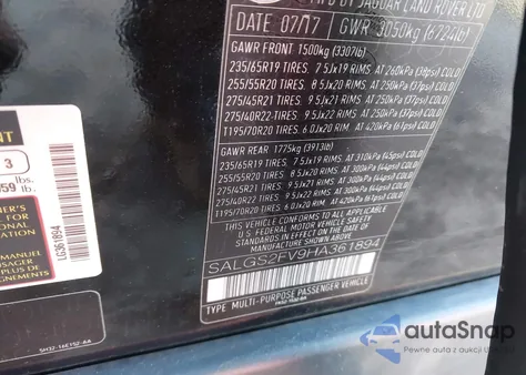 2017 Land Rover Range Rover 3.0L V6 Supercharged Hse z USA, uszkodzony, nr VIN SALGS2FV9HA361894